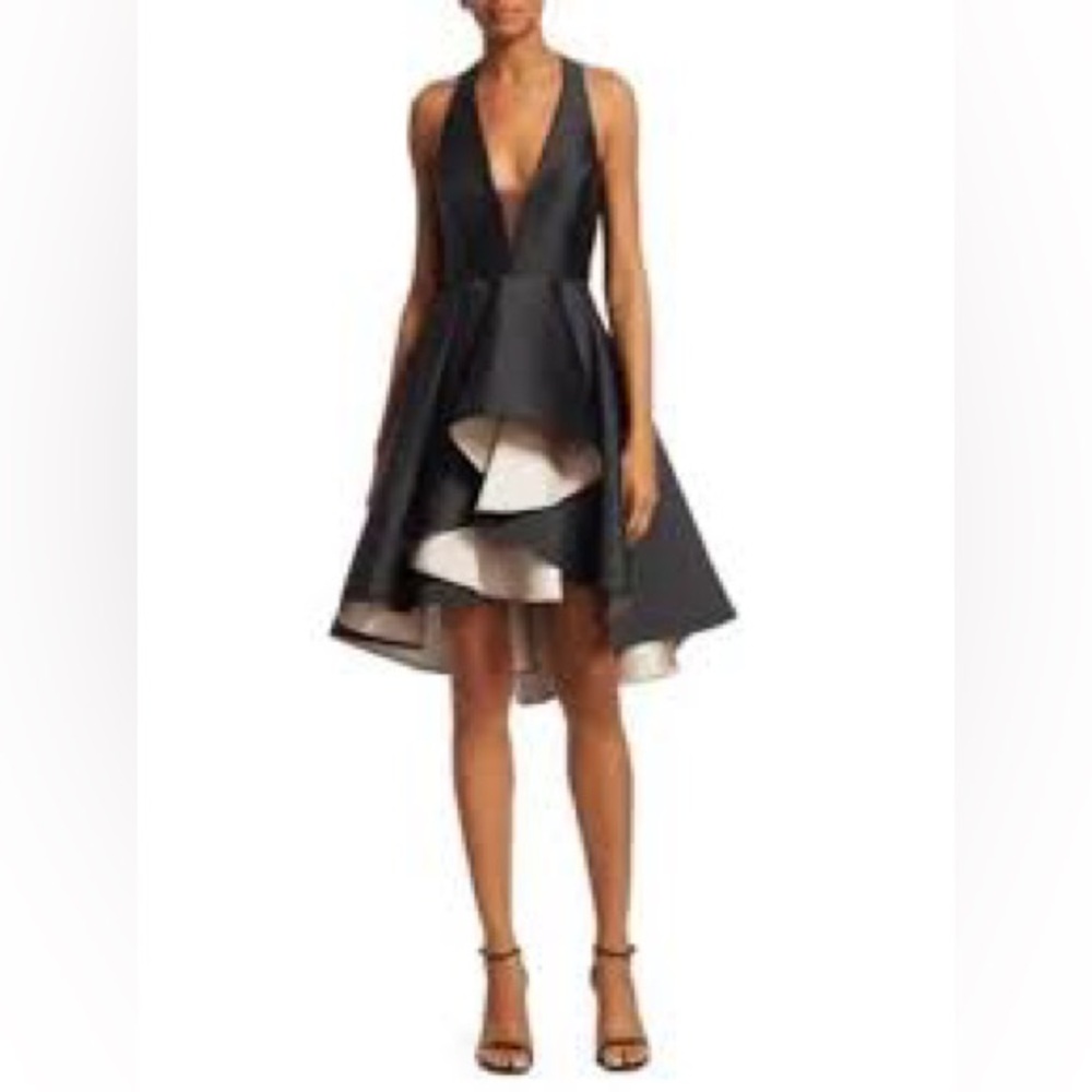 Halston Heritage Black and Champagne High-Low Cocktail Dress